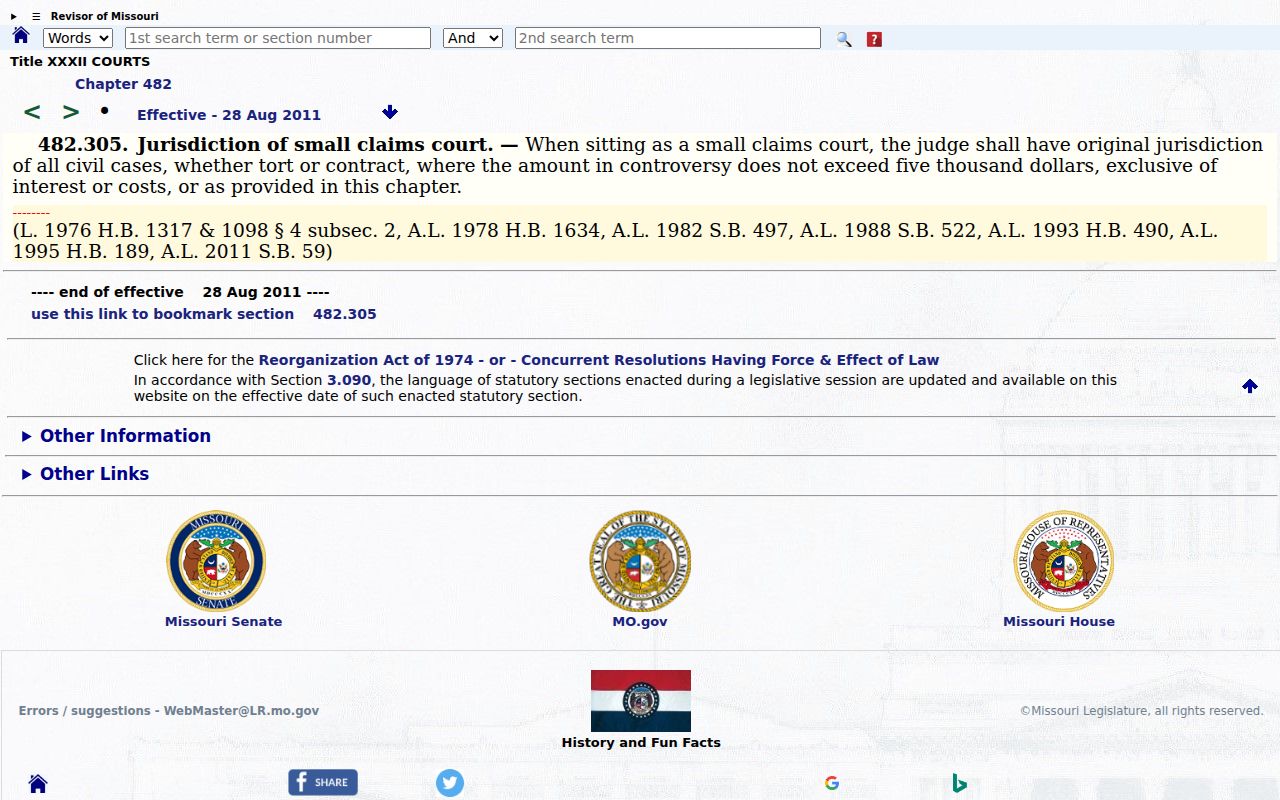 Bollinger County civil docket small-claims jurisdiction statute