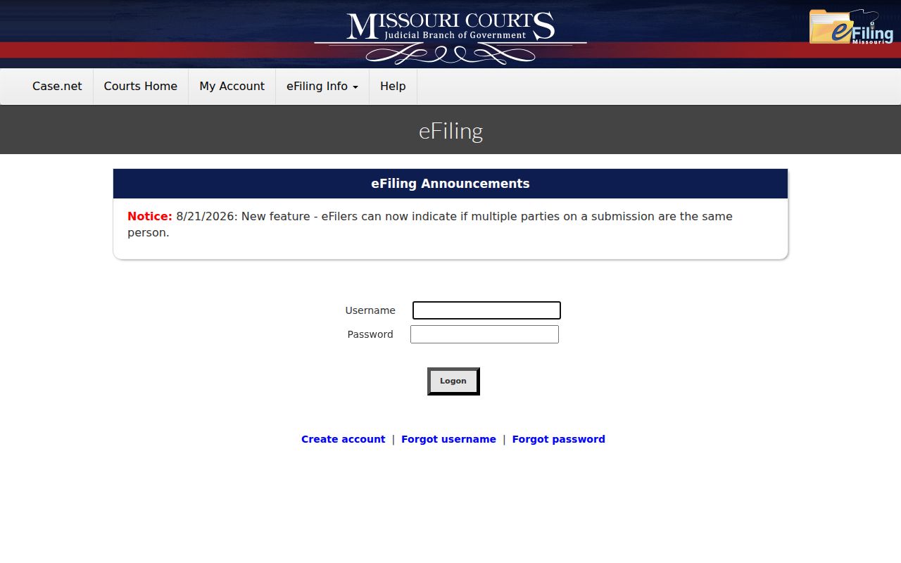 Bollinger County court calendar record type image showing the Missouri eFiling login