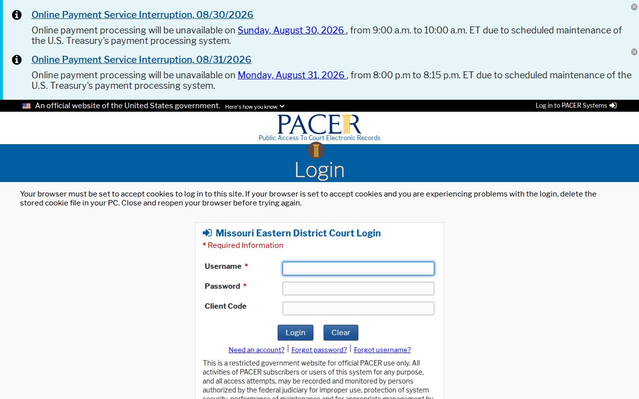 Bollinger County court records Eastern District login page