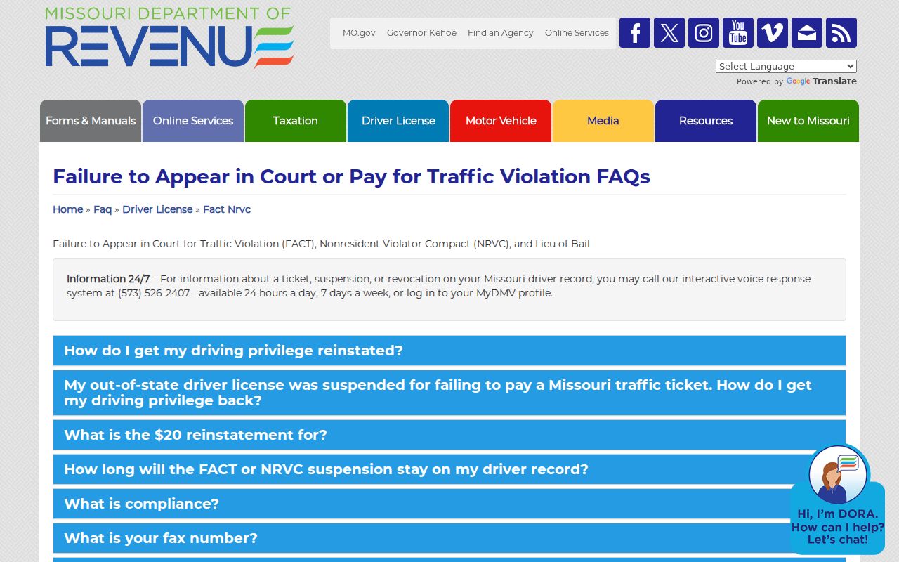 Bollinger County traffic court records Department of Revenue hold guidance